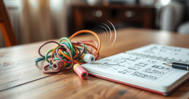 A close-up of a pair of colorful, tangled earbuds resting on a wooden table, surrounded by a soft, blurred background of a cozy home setting. Tiny wisps of sound waves emanate from the earbuds, illustrating muffled sound, while an open notepad with sketches and notes about common audio issues lies nearby.