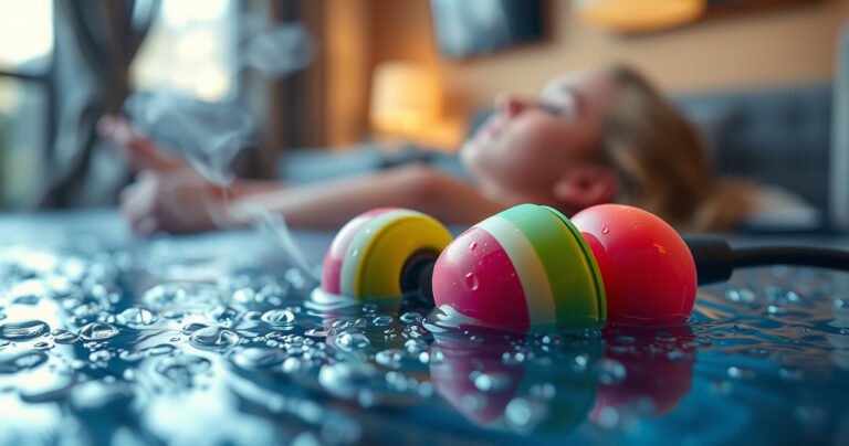 A close-up of vibrant, colorful earbuds nestled in a pool of shimmering water droplets, with soft ear cushions glistening. Surrounding the earbuds, a blurred background of a cozy, modern room, hints of a person relaxing with music. Evocative steam rises, adding warmth and intrigue, illustrating the connection between sound and sensory experience.
