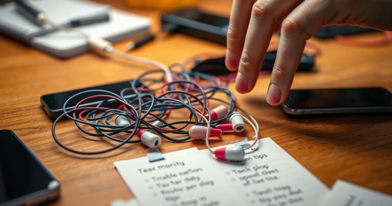 A close-up of tangled, colorful earbuds lying on a wooden desk, with a frustrated person’s hand reaching towards them. Surrounding the earbuds are scattered notes with troubleshooting tips and tech gadgets. Soft, warm lighting enhances the scene, creating an inviting atmosphere while highlighting the annoyance of connectivity issues.
