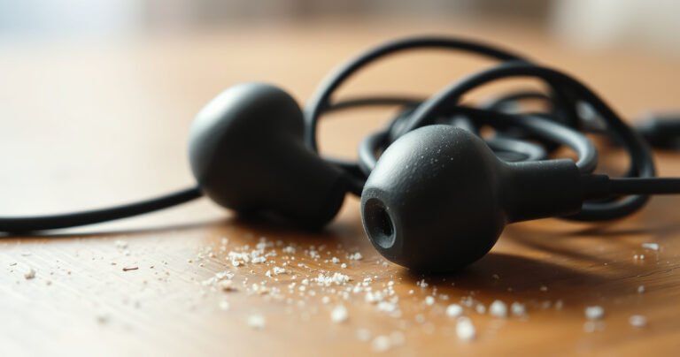 A close-up view of a pair of tangled earbuds resting on a wooden table, surrounded by tiny, scattered dust particles. Soft, diffused light filters in, highlighting the earbuds' rubber tips and a faint outline of a worried person’s ear in the background, symbolizing the frustration of muffled sound.
