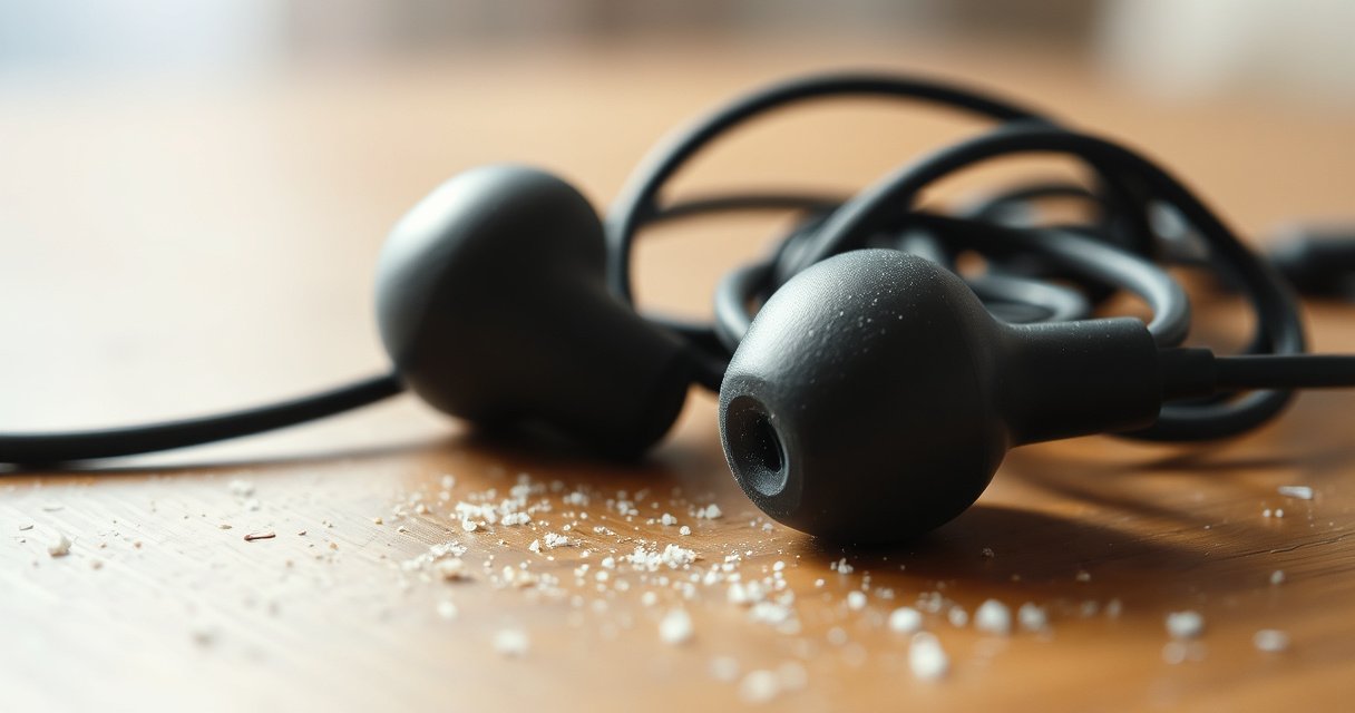 A close-up view of a pair of tangled earbuds resting on a wooden table, surrounded by tiny, scattered dust particles. Soft, diffused light filters in, highlighting the earbuds' rubber tips and a faint outline of a worried person’s ear in the background, symbolizing the frustration of muffled sound.