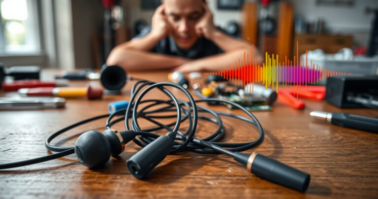 A close-up of a tangled pair of earbuds lying on a wooden table, one earbud slightly detached, with vibrant sound waves illustrated around it. Background features a faint silhouette of a frustrated user with a puzzled expression, surrounded by scattered tools and electronic components, creating an atmosphere of troubleshooting and curiosity.