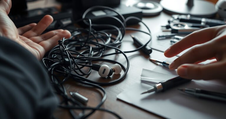 A close-up of a cluttered desk with a single, malfunctioning earbud resting beside tangled wires, a frustrated person's hand reaching out, and soft light illuminating scattered notes and tools for fixing electronics, conveying a sense of confusion and determination in a cozy, lived-in atmosphere.