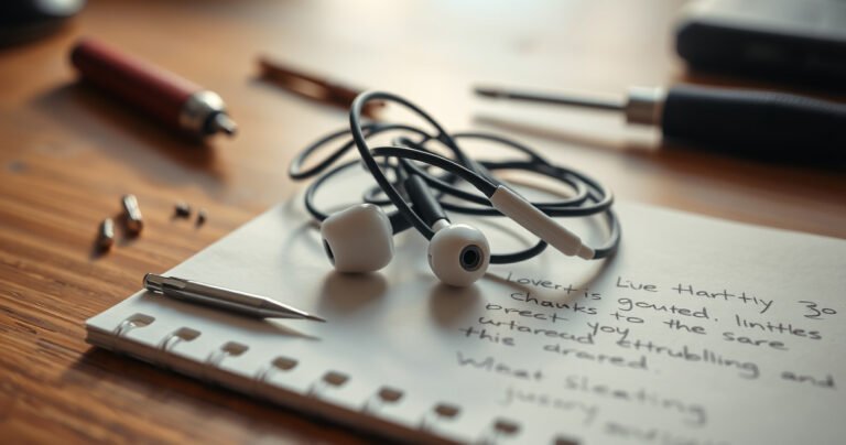 A close-up of a tangled pair of earbuds resting on a wooden table, one earbud brightly illuminated while the other lies in shadow. Surrounding them are tiny, scattered tools like a screwdriver and tweezers, alongside a notepad filled with scribbled troubleshooting notes. Soft, natural light casts a warm glow, evoking a sense of curiosity and exploration.