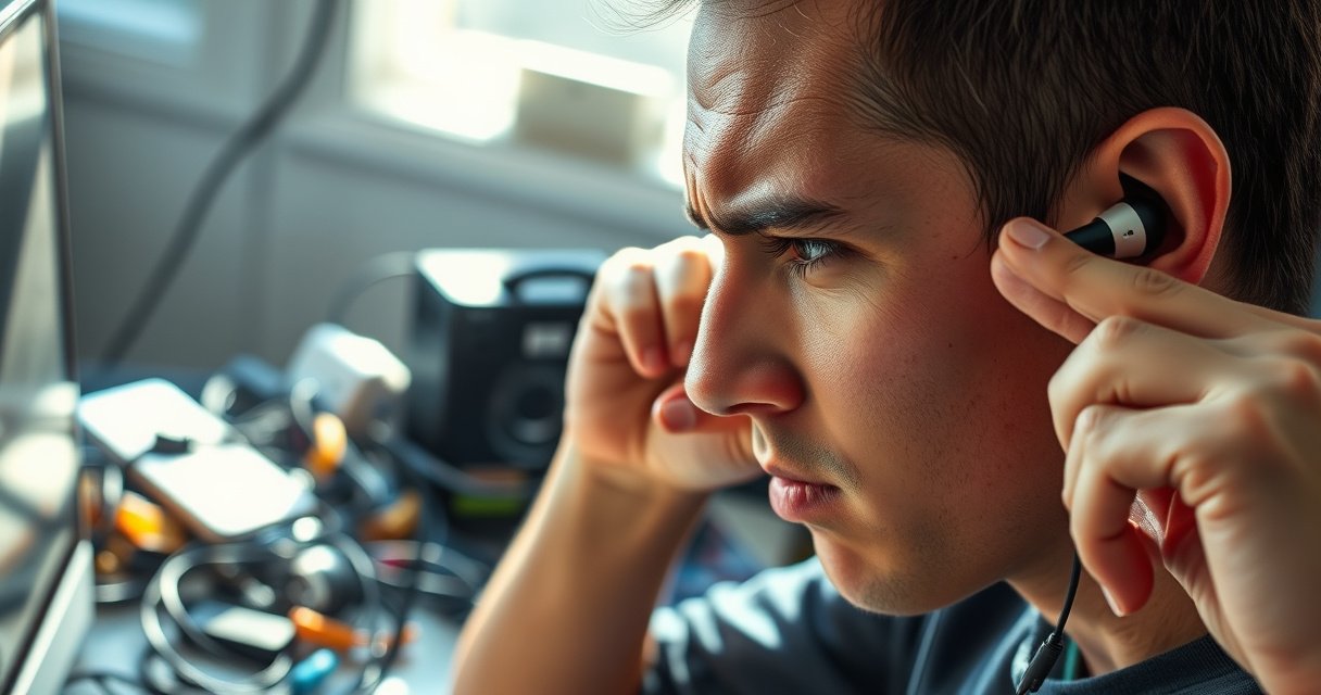 A close-up of a frustrated person adjusting colorful earbuds in their ears, surrounded by a messy desk filled with tangled wires and tech gadgets. Bright light filters through a window, casting shadows that highlight the intricate details of the earbuds and the person's focused expression, conveying a sense of determination and curiosity.