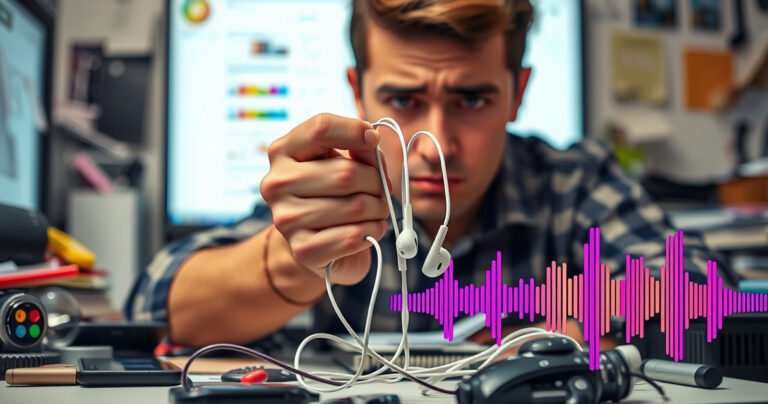 A close-up of a frustrated person holding a pair of tangled earbuds, surrounded by a chaotic workspace filled with gadgets and notes. The background features a soft glow of a computer screen, emphasizing a search for answers, while the foreground showcases a mix of tech clutter and colorful soundwave graphics.