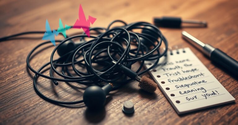 A close-up of tangled earphone wires resting on a wooden table, with vibrant sound waves visually emanating from them. Scattered tools like a small screwdriver and cleaning brush, alongside a notepad with scribbled troubleshooting tips. A soft, warm light creates a cozy atmosphere, symbolizing the frustration and hope of fixing earphones.