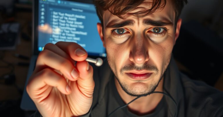 A close-up of a frustrated person holding a broken earbud, surrounded by tangled wires and scattered audio gear, with a soft glow illuminating their puzzled expression. In the background, a faint outline of a laptop screen displaying troubleshooting steps, creating a relatable and engaging atmosphere for tech enthusiasts.