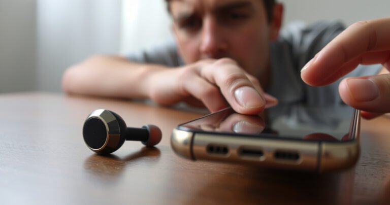 A close-up of a pair of stylish earbuds on a wooden table, one earbud emitting faint sound waves, while a hand adjusts the volume on a sleek smartphone. Soft lighting highlights tiny dust particles in the air, and a faint, puzzled expression is visible on a person's face in the background, suggesting frustration and curiosity.