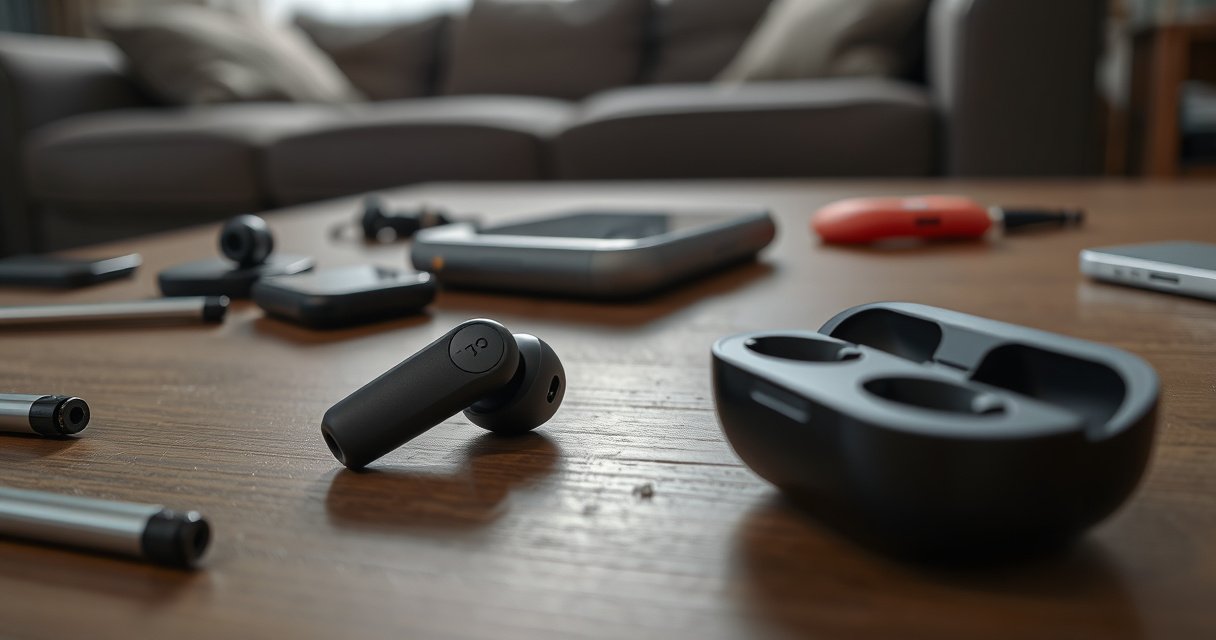A close-up of a sleek wireless earbud lying on a wooden table, one side shiny and untouched, the other side slightly dusty and dim, surrounded by scattered tech tools, a charging case partially open, and a blurred background of a cozy living room, hinting at everyday life struggles with technology.