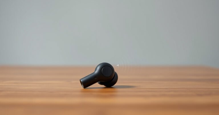 A close-up of a pair of modern wireless earbuds on a wooden table, one earbud slightly tilted, with sound waves emanating from it, illustrating a vibrant contrast between a quiet, muted background and the dynamic energy of the sound waves, hinting at troubleshooting and quick fixes.