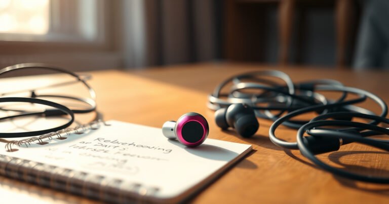 A close-up of a pair of colorful wireless earbuds on a wooden table, one earbud glowing softly while the other appears dim, surrounded by tangled headphone cords and a notepad with scribbled troubleshooting notes. A warm, inviting light filters through a nearby window, casting playful shadows and highlighting the contrast between the two earbuds.