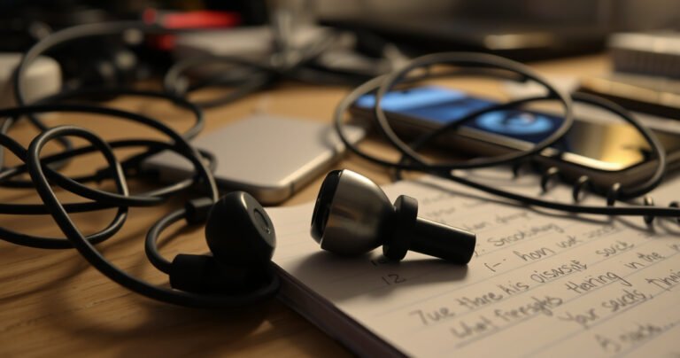 A close-up view of a broken wireless earbud resting on a cluttered desk, surrounded by tangled charging cables and a notebook filled with troubleshooting notes. Soft light illuminates the scene, highlighting the earbud's sleek design and the frustration of technology, while a faint reflection of a smartphone screen glows in the background.
