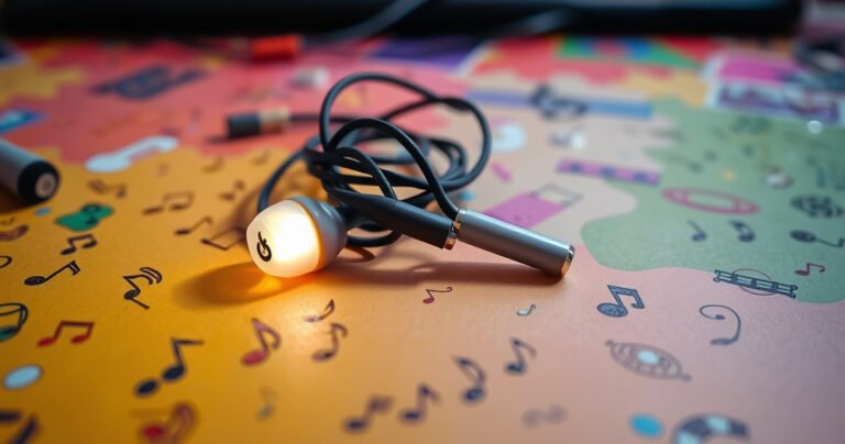 A close-up view of a tangled pair of earbuds on a colorful desk, one earbud illuminated with a soft glow, while the other lies in shadow. Surrounding them are scattered music notes, tiny sound waves, and playful doodles, capturing the frustration and mystery of a solitary sound experience in a vibrant, chaotic environment.