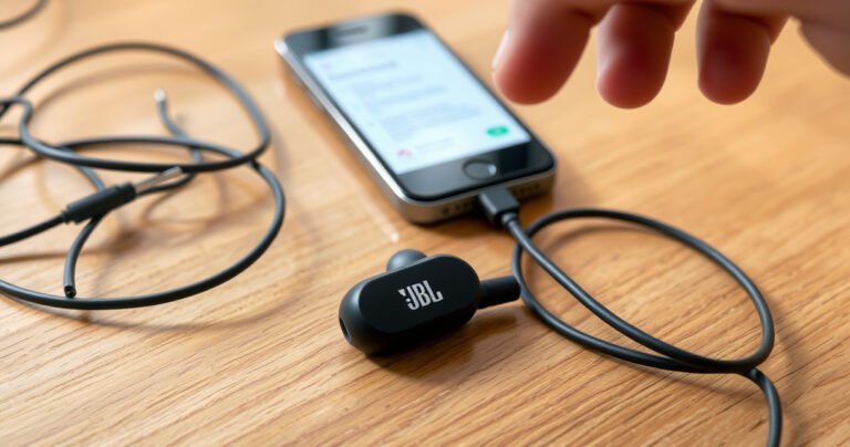 A close-up of a single glowing JBL earbud resting on a wooden surface, surrounded by tangled charging cables and a smartphone displaying a troubleshooting guide, soft natural light highlighting its sleek design, with a worried hand reaching towards it, conveying frustration and curiosity about the malfunctioning device.