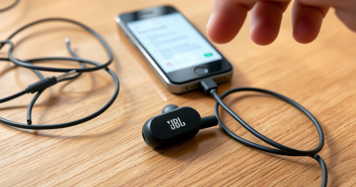 A close-up of a single glowing JBL earbud resting on a wooden surface, surrounded by tangled charging cables and a smartphone displaying a troubleshooting guide, soft natural light highlighting its sleek design, with a worried hand reaching towards it, conveying frustration and curiosity about the malfunctioning device.