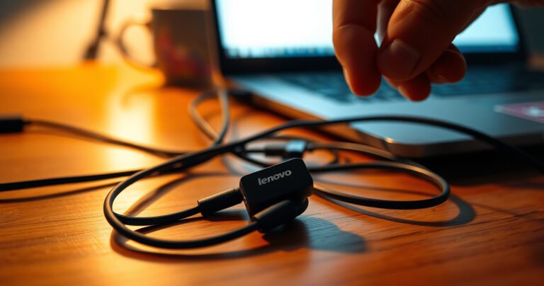 A close-up of a single Lenovo earbud resting on a wooden table, surrounded by tangled charging cables and a faint glow from a laptop screen. Soft shadows create a moody atmosphere, while a frustrated hand reaches out, hinting at the struggle of technology. In the background, a blurred coffee cup adds a touch of everyday life.