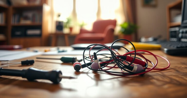 A close-up of a pair of colorful, tangled earbuds resting on a wooden desk, surrounded by scattered tools like a screwdriver and cotton swabs, with a blurred background of a cozy home office, warm sunlight streaming through a window, creating a sense of both frustration and hope for a sound solution.