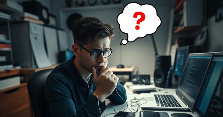 A close-up of a frustrated person sitting at a cluttered desk, tangled earbuds in hand, surrounded by tech gadgets and a dimly lit room. A thought bubble above their head shows a question mark. Nearby, a laptop screen displays troubleshooting steps. The atmosphere conveys a mix of confusion and determination.