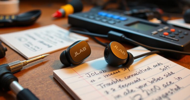 A close-up of a pair of stylish JLab earbuds, resting on a wooden desk surrounded by scattered tools like a small screwdriver, a multimeter, and a notepad filled with troubleshooting notes. Soft, warm lighting highlights the earbuds, while a faint glow from a charging cable hints at connection issues.