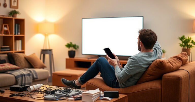 A frustrated person sitting on a couch, holding a smartphone in one hand and staring at a blank smart TV screen, surrounded by tangled cables and a cluttered coffee table, with a warm, inviting living room background featuring soft lighting and cozy decor, conveying confusion and the struggle of technology not cooperating.