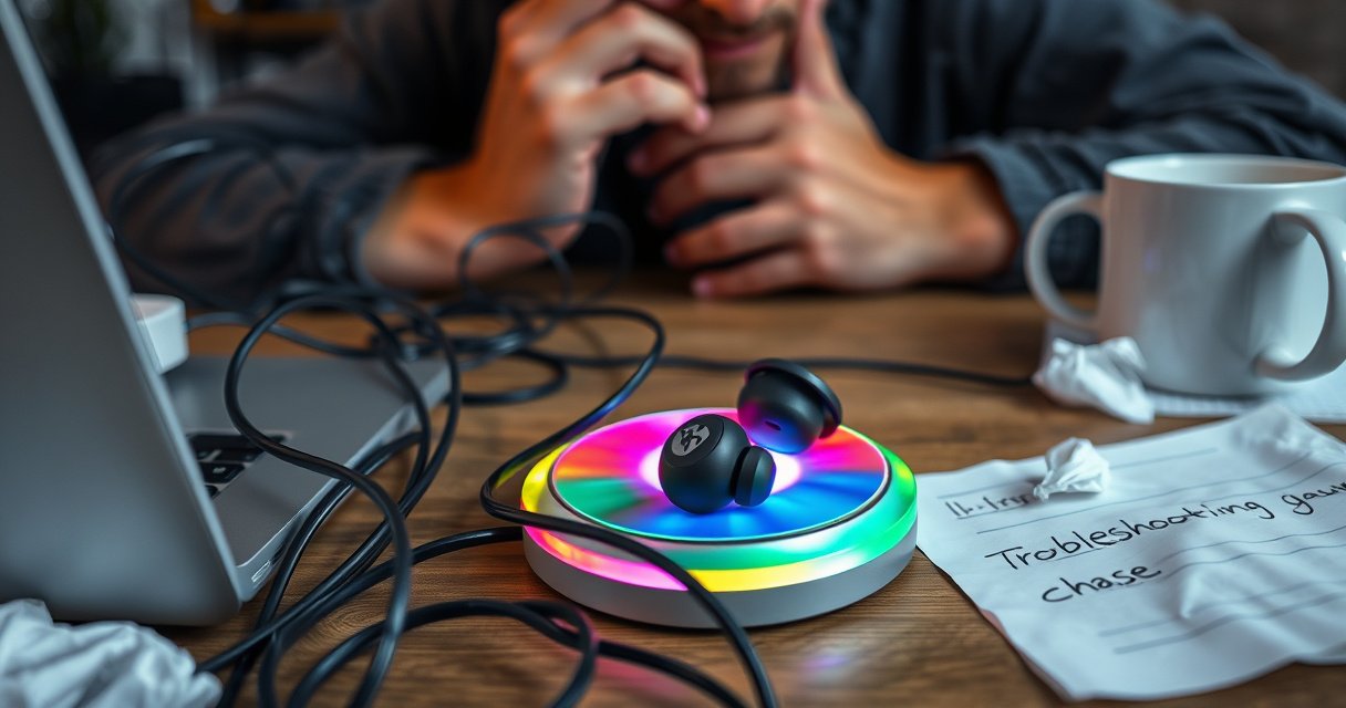 A close-up of a frustrated person sitting at a cluttered desk, surrounded by tangled cords and a half-opened laptop. The focus is on a pair of Skullcandy earbuds resting on a vibrant, colorful charging pad, with a faint glow indicating charging issues. Crumpled troubleshooting notes and a coffee mug add to the scene.