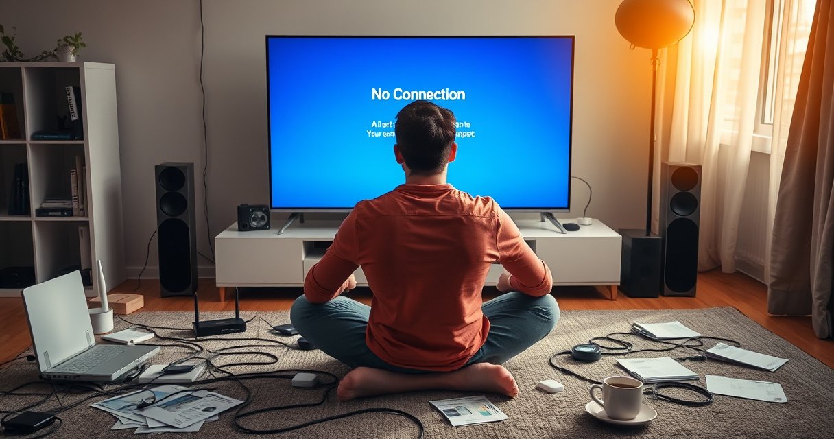 A frustrated person sitting cross-legged in front of a large smart TV displaying a "No Connection" error message, surrounded by tangled cables and Wi-Fi routers, with scattered troubleshooting manuals and a cup of coffee, warm sunlight filtering through a nearby window, creating a cozy yet chaotic atmosphere of modern tech challenges.