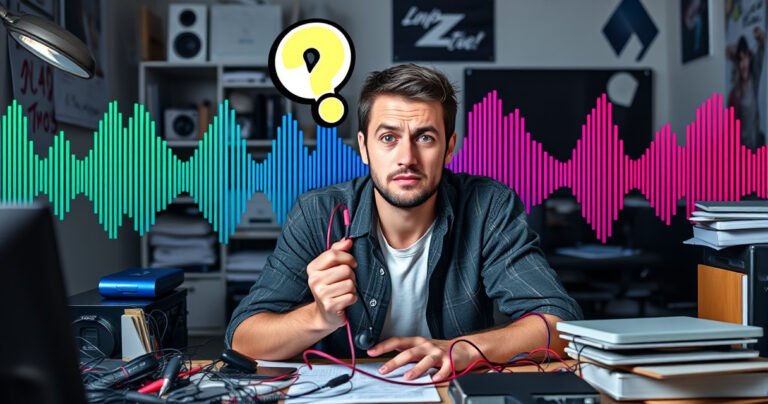 A frustrated person sitting at a cluttered desk, surrounded by tangled wires and electronic devices, holding a pair of Soundcore earbuds, with a puzzled expression. Brightly colored sound waves ripple in the background, symbolizing connectivity issues, while a question mark hovers above, evoking a sense of confusion and the quest for a solution.