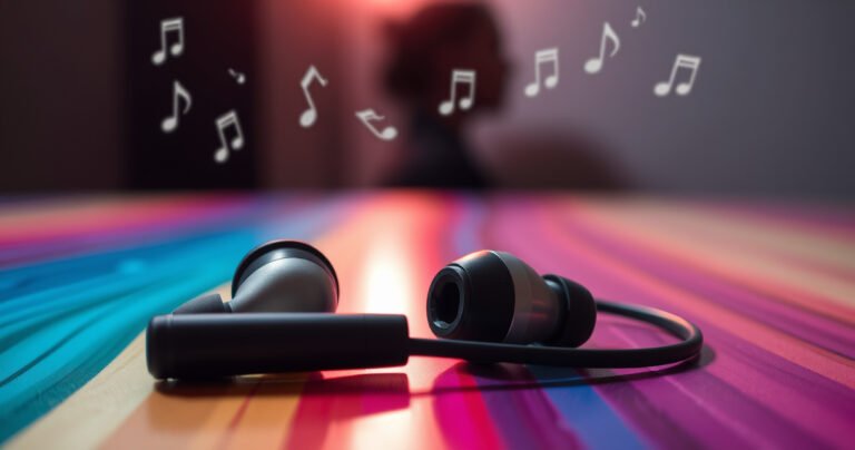A close-up of a pair of sleek, modern earphones lying on a vibrant, soundwave-patterned surface, with a soft glow emphasizing the delicate details. In the background, a subtle silhouette of a person listening intently, surrounded by floating musical notes and warning icons, creating a visual contrast between enjoyment and caution regarding hearing health.