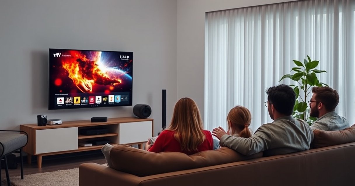 A sleek smart TV displaying vibrant streaming content in a modern living room, contrasting with a traditional, dusty television in the background. A family gathered on a cozy couch, engaged in a lively discussion, while tech gadgets and screens surround them, symbolizing the duality of innovation and nostalgia in home entertainment.