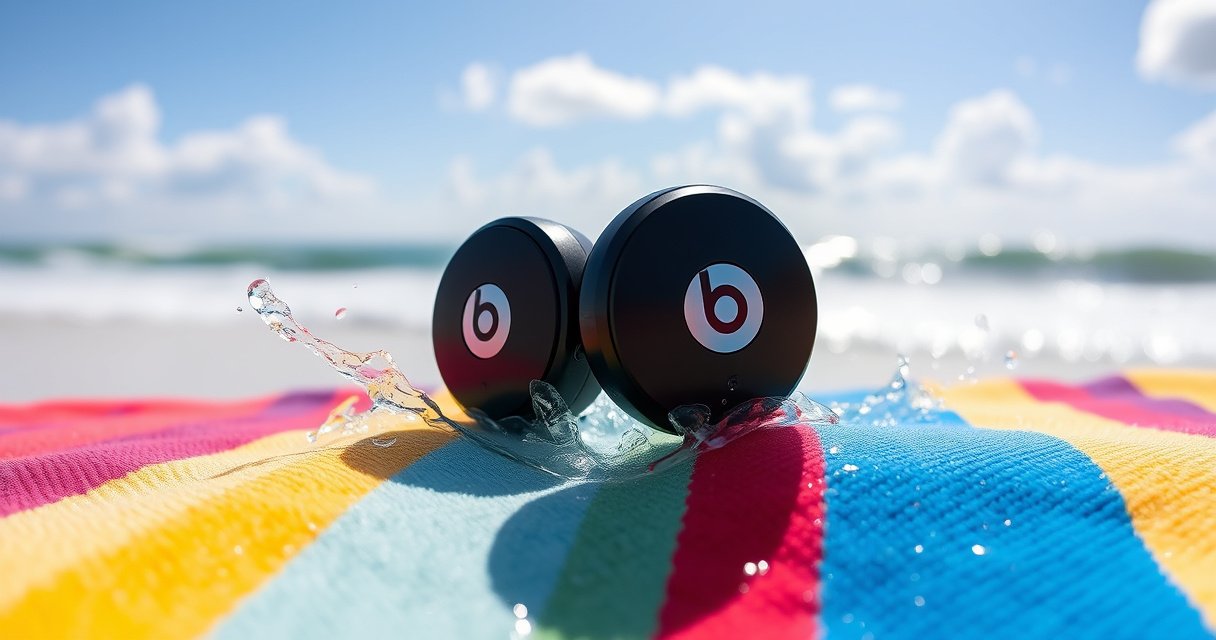 A sleek pair of Beats earbuds resting on a vibrant beach towel, surrounded by splashes of water droplets and shimmering sunlight. In the background, gentle waves lapping at the shore, with a bright blue sky dotted with fluffy clouds, creating an inviting atmosphere that contrasts the technology with nature’s element.