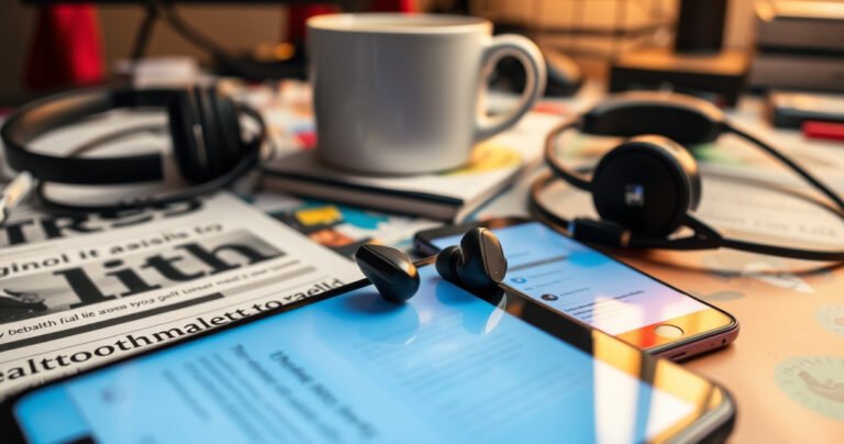 A close-up view of a sleek pair of Bluetooth earbuds resting on a vibrant, cluttered desk, surrounded by health-related articles and a smartphone displaying Reddit threads. Soft, warm lighting highlights the earbuds, while a coffee mug and scattered headphones create an inviting yet thought-provoking atmosphere, evoking curiosity about health and technology.
