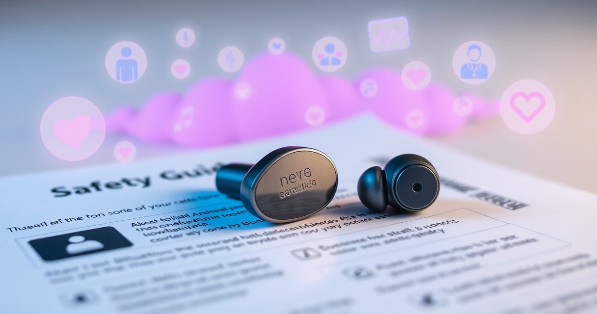 A close-up view of sleek, modern Bluetooth earbuds resting on a safety guide, surrounded by vibrant soundwaves and icons of health and technology, set against a calm, neutral background. The earbuds gleam, symbolizing innovation, while subtle warnings and tips float around, creating a dynamic contrast between safety and the allure of wireless convenience.