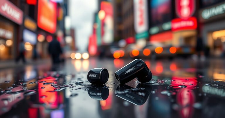 A close-up of sleek Bose QC earbuds resting on a reflective surface, surrounded by droplets of water, with a blurred background of a vibrant, rainy cityscape. The earbuds glisten, showcasing their modern design, while splashes of water emphasize their water resistance. Soft ambient light highlights the seamless integration of technology and style.