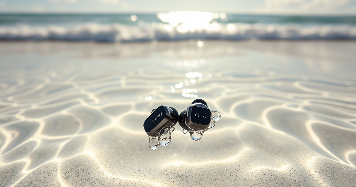A pair of sleek Galaxy earbuds floating in crystal-clear water, surrounded by shimmering droplets. Sunlight filters through the surface, creating mesmerizing patterns on the sand below. In the background, gentle waves lap against a serene beach, emphasizing the concept of water resistance with a vibrant, tropical atmosphere.
