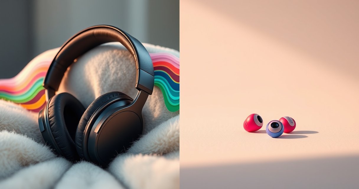 A split image contrasting sleek over-ear headphones on one side, surrounded by soft, plush textures and vibrant sound waves, and on the other side, colorful in-ear earbuds nestled in a minimalist setting with delicate sound bubbles, illustrating comfort and sound quality, all bathed in warm, inviting light to evoke a sense of auditory exploration.