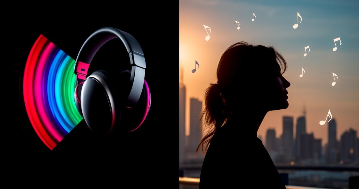 A split-image scene showcasing a pair of sleek over-ear headphones on one side, radiating sound waves in vibrant colors, and bright, compact earbuds on the other, surrounded by soft musical notes. In the background, a silhouette of a person enjoying music, with a contrasting city skyline, emphasizing sound quality and personal preference.