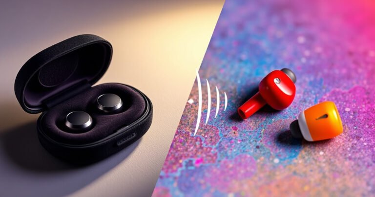 A split image showcasing a sleek pair of in-ear monitors nestled in a luxurious velvet case on one side, and vibrant, stylish earbuds resting on a colorful, textured background on the other. The contrast highlights their unique designs, with soft light illuminating details, while sound waves visually emanate from each to symbolize audio quality.