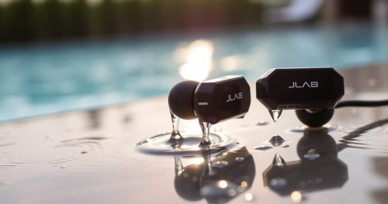 A close-up of sleek JLab Pro Earbuds resting on a wet, glistening surface, droplets of water cascading off them, with a blurred background of a serene poolside setting. The scene captures the contrast between technology and nature, highlighting the earbuds' modern design and potential waterproof features, inviting curiosity about their durability and performance in water.