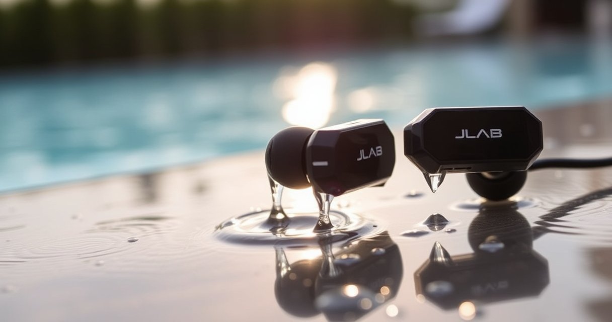 A close-up of sleek JLab Pro Earbuds resting on a wet, glistening surface, droplets of water cascading off them, with a blurred background of a serene poolside setting. The scene captures the contrast between technology and nature, highlighting the earbuds' modern design and potential waterproof features, inviting curiosity about their durability and performance in water.