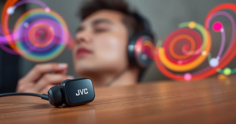 A close-up of sleek JVC earbuds resting on a wooden surface, surrounded by vibrant sound waves emanating in colorful spirals. In the background, a blurred scene of a person enjoying music, eyes closed, creating an atmosphere of immersive sound experience. Soft lighting highlights the earbuds' design, emphasizing quality and elegance.
