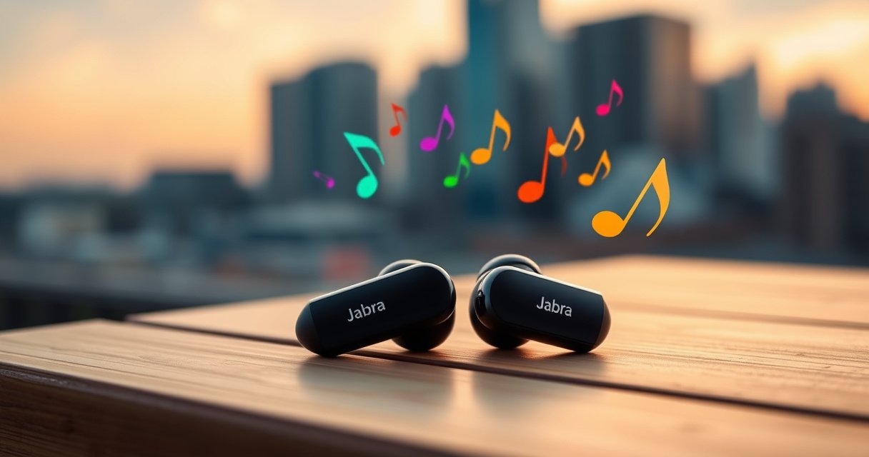 A sleek pair of Jabra earbuds resting on a wooden table, surrounded by a vibrant urban backdrop. Soft, ambient lighting highlights the earbuds' design, while sound waves visually emanate from them, blending with colorful musical notes in the air. In the background, a blurred city skyline suggests a modern, active lifestyle, inviting exploration.