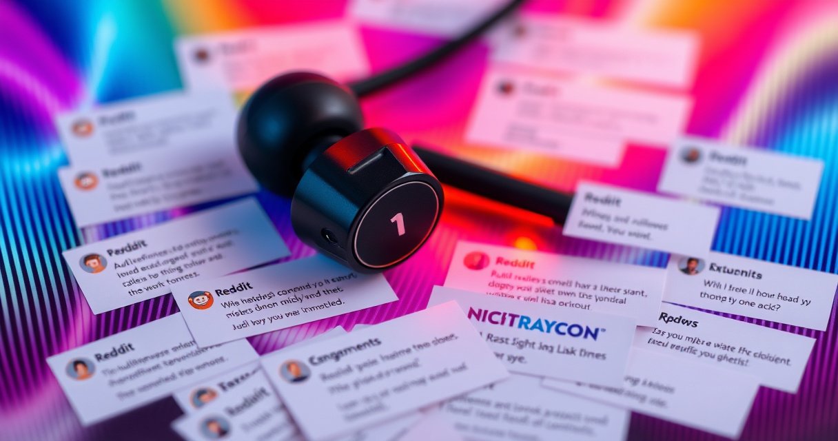 A close-up of stylish Raycon earbuds resting on a vibrant, colorful soundwave background, with subtle Reddit logos woven into the design. Surrounding the earbuds are snippets of user reviews and comments, artistically arranged, capturing the excitement and varied opinions of users, while soft glowing lights highlight the sophistication and modern appeal of the product.