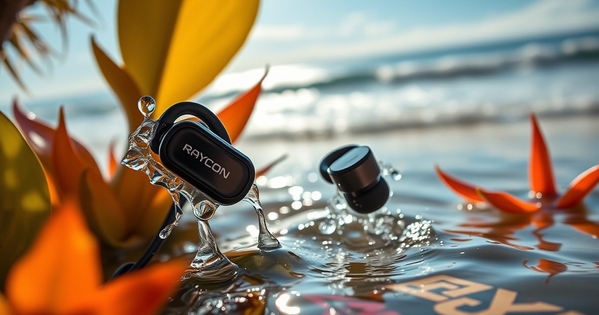 A close-up of sleek Raycon earbuds glistening in a splash of water, droplets cascading off their surface, surrounded by vibrant tropical plants. In the background, shimmering waves gently lap at a sunlit beach, conveying a sense of adventure and durability. The earbuds stand out as a symbol of style and resilience against the elements.