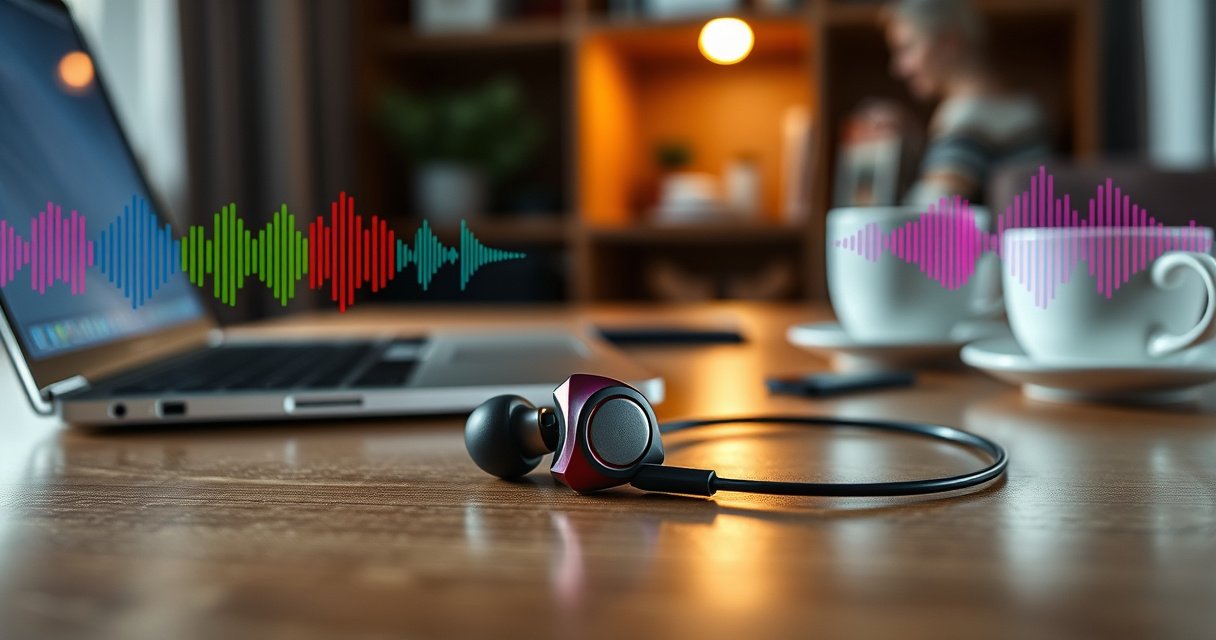 A stylish pair of vibrant Skullcandy earbuds resting on a sleek wooden surface, surrounded by colorful soundwave patterns and musical notes. Soft ambient lighting highlights the earbuds' unique design, while a blurred background features a cozy, modern workspace with a laptop and a steaming coffee cup, inviting readers into a world of immersive sound.
