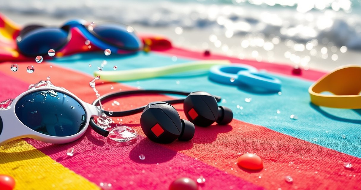 A sleek pair of Soundcore earbuds resting on a vibrant beach towel, surrounded by splashes of water droplets and colorful beach accessories, with shimmering ocean waves in the background. Sunlight sparkles on the water, highlighting the earbuds' modern design while conveying a sense of adventure and the joys of waterproof technology.