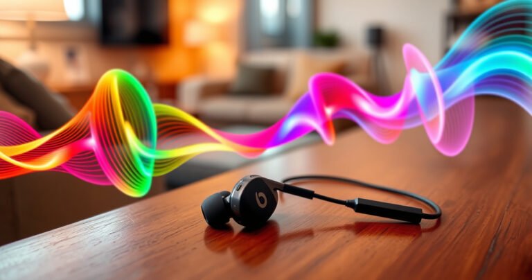 A sleek pair of Status earbuds resting on a polished wooden table, surrounded by vibrant sound waves visualized in colorful swirls. A warm, inviting atmosphere with soft, ambient lighting enhances the scene, while a blurred background features a cozy living space, hinting at an immersive listening experience.