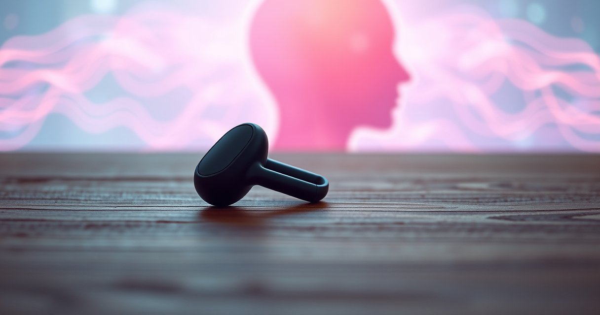 A close-up of a pair of sleek wireless earbuds resting on a wooden surface, surrounded by a hazy aura of vibrant soundwaves, an ethereal representation of electromagnetic fields, with a faint, ghostly silhouette of a human head in the background, symbolizing the connection between technology and health.