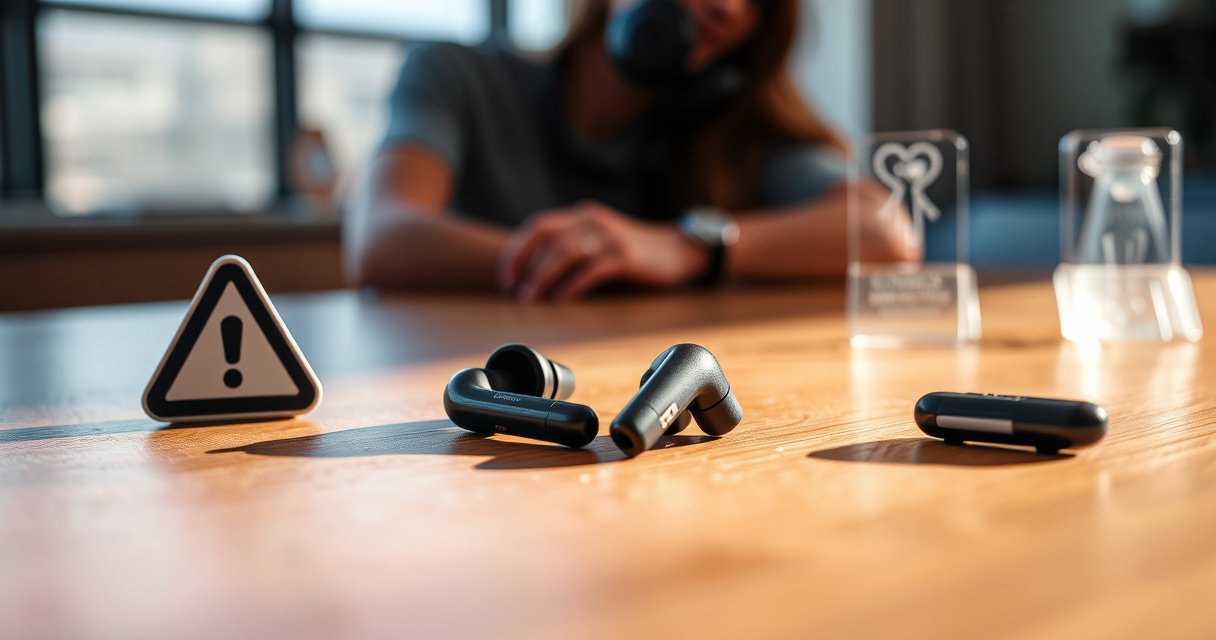 A close-up of sleek wireless earbuds resting on a wooden table, surrounded by caution symbols and health-related icons. Soft, warm lighting casts shadows, while a blurred backdrop of a person enjoying music highlights the contrast between technology and safety concerns, evoking both innovation and caution in a modern lifestyle.