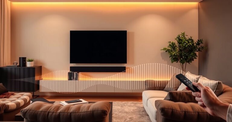 A sleek modern living room featuring a stylish soundbar mounted beneath a large flat-screen TV. Warm ambient lighting highlights plush furniture, with a cozy atmosphere. A subtle soundwave pattern elegantly flows across the scene, representing audio connectivity. Include a hint of a user's hand reaching towards a remote, suggesting the interaction between technology and home entertainment.